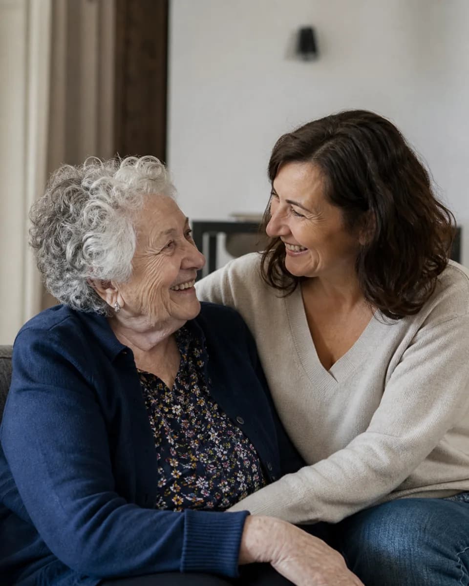 Una madre anziana sorride alla figlia